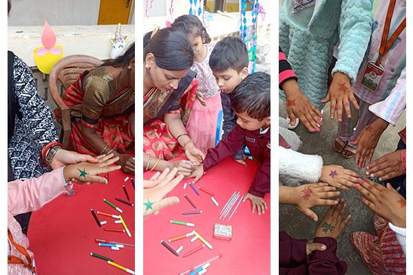 On the occasion Deepawali celebration , all students greet each other with tikka. They make nail art & different designs.